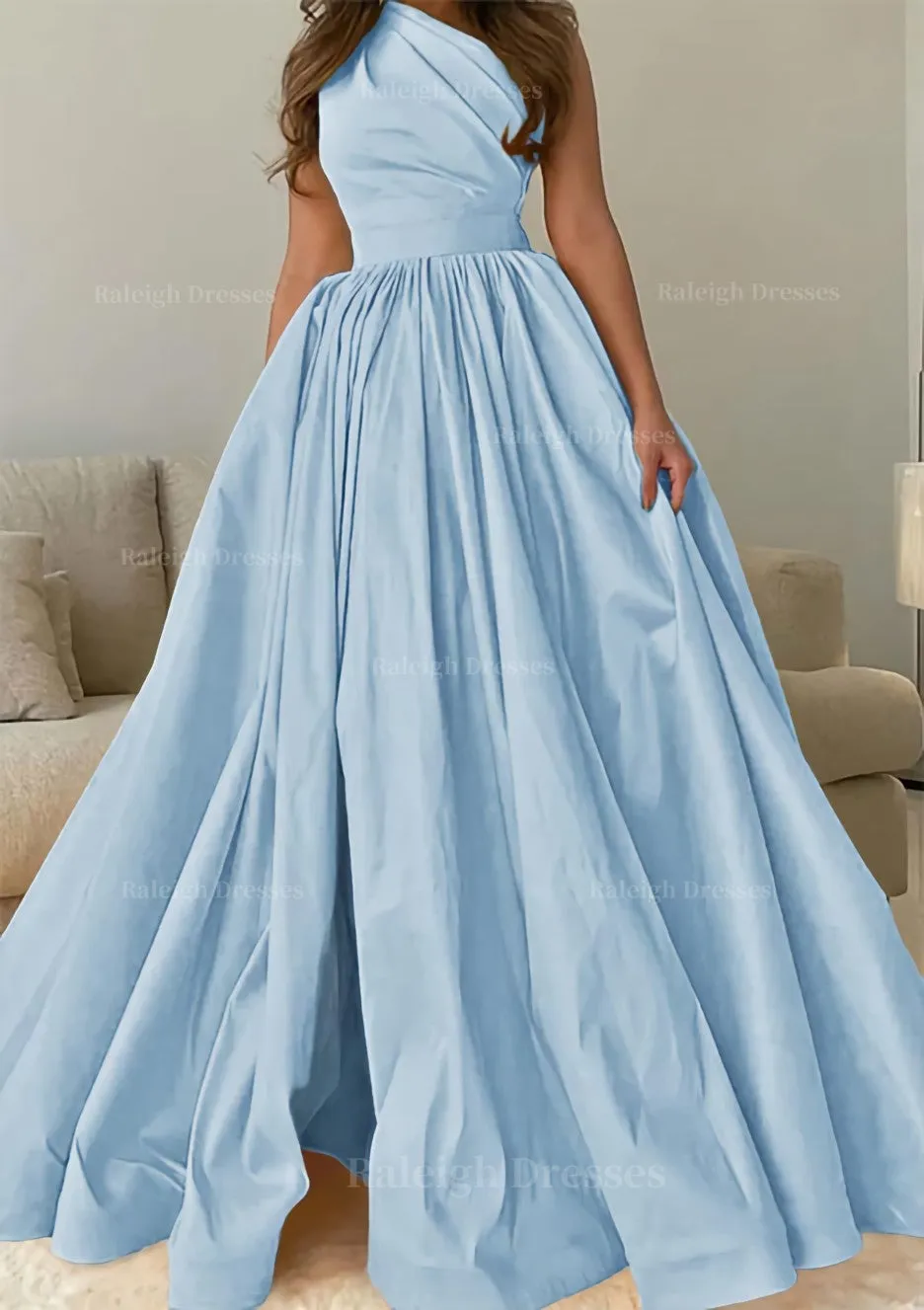 A-line One-Shoulder Sleeveless Sweep Train Satin Prom Dress with Pleated