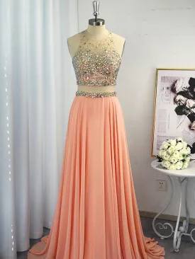 A-line Scoop Beading Sweep Train Chiffon Dress