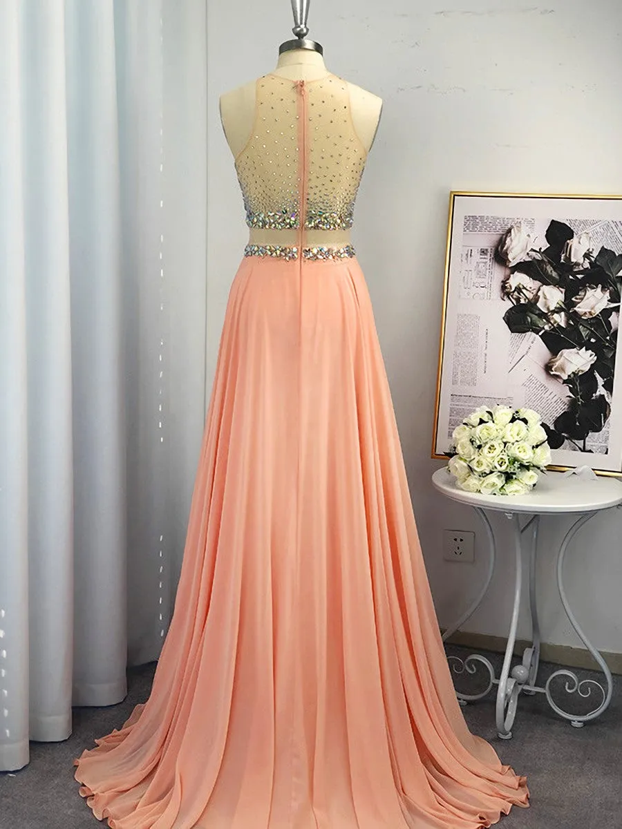 A-line Scoop Beading Sweep Train Chiffon Dress