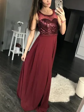 A-line Scoop Neck Floor-Length Chiffon Burgundy Prom Dresses HX00118