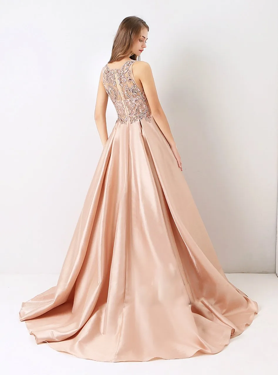 A-line Scoop-Neck Sweep Train Satin Long Prom Dresses With Rhine Stones HX0074