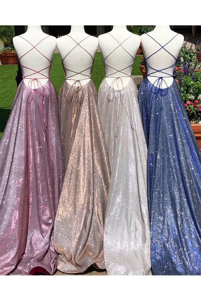 A-Line Sparkle Long Prom Dresses with Split Backless Evening Dress PO328