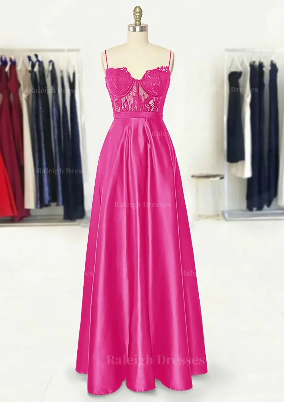 A-line Sweetheart Spaghetti Straps Long/Floor-Length Satin Prom Dress With Appliqued Pockets