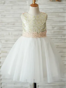 A-Line Tulle Sequined Sleeveless Jewel Neck Wedding Birthday Pageant Flower Girl Dresses