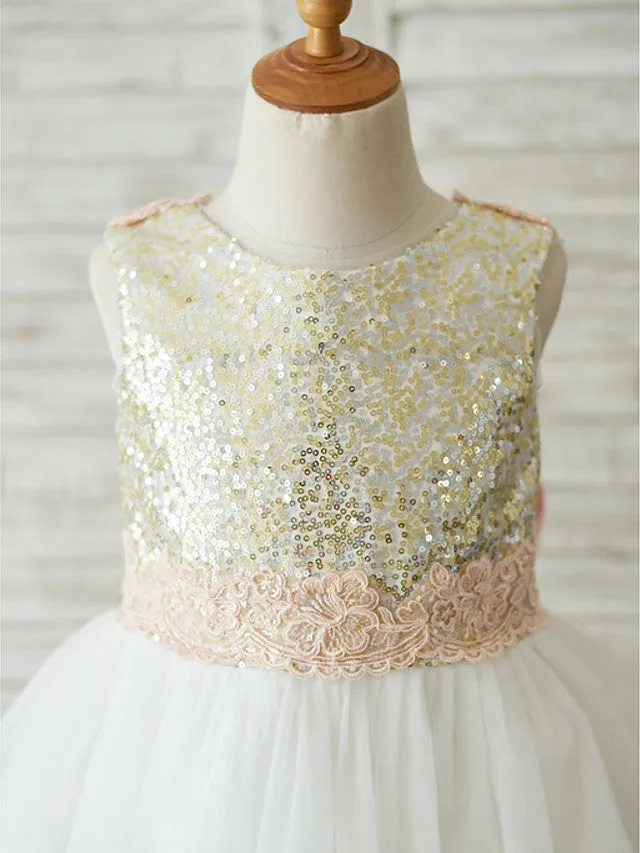 A-Line Tulle Sequined Sleeveless Jewel Neck Wedding Birthday Pageant Flower Girl Dresses