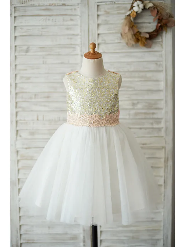 A-Line Tulle Sequined Sleeveless Jewel Neck Wedding Birthday Pageant Flower Girl Dresses