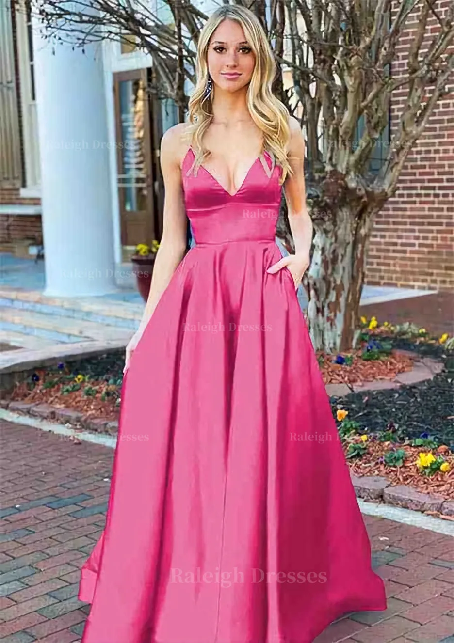 A-line V Neck Sleeveless Charmeuse Long/Floor-Length Prom Dress With Pockets