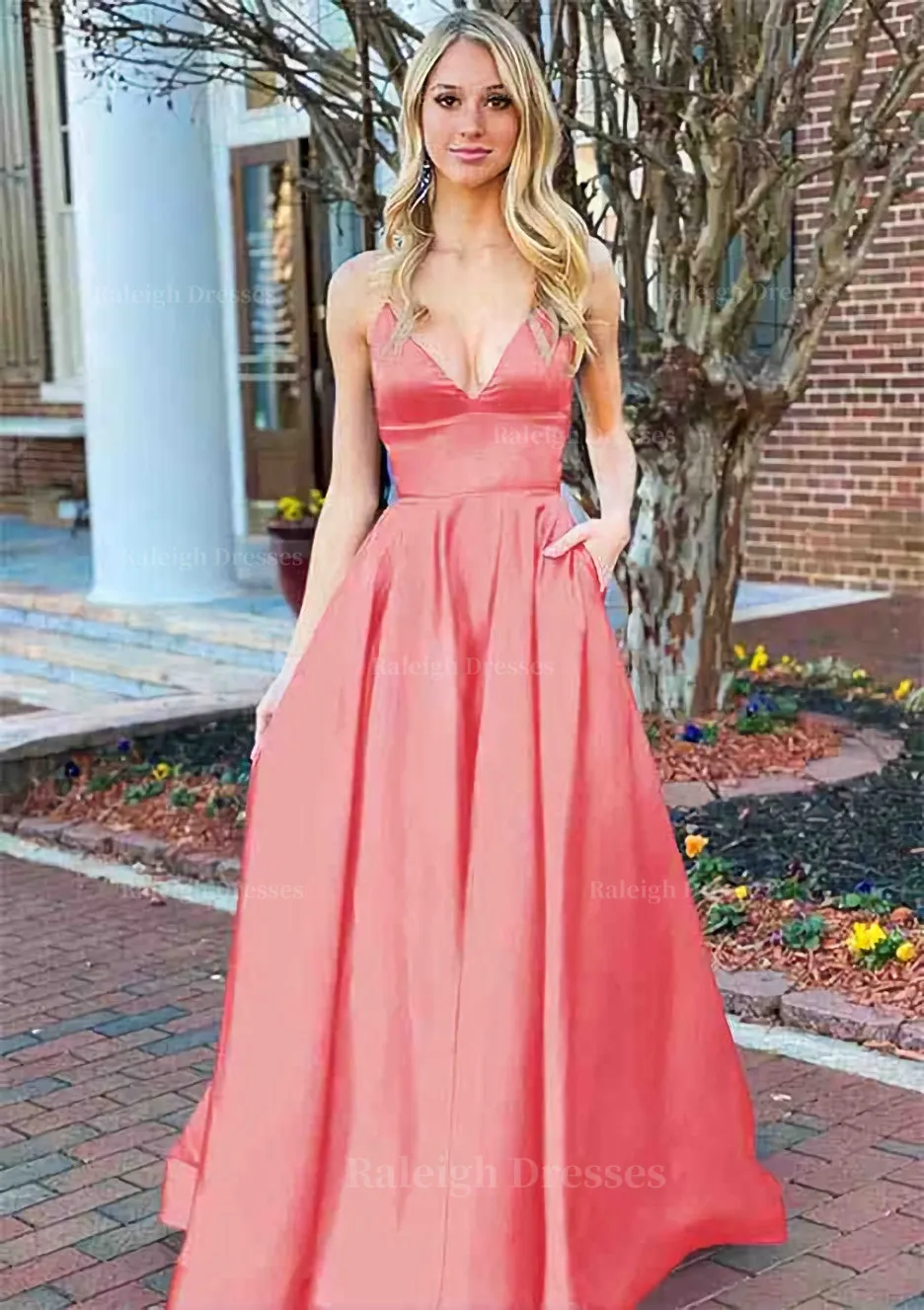 A-line V Neck Sleeveless Charmeuse Long/Floor-Length Prom Dress With Pockets