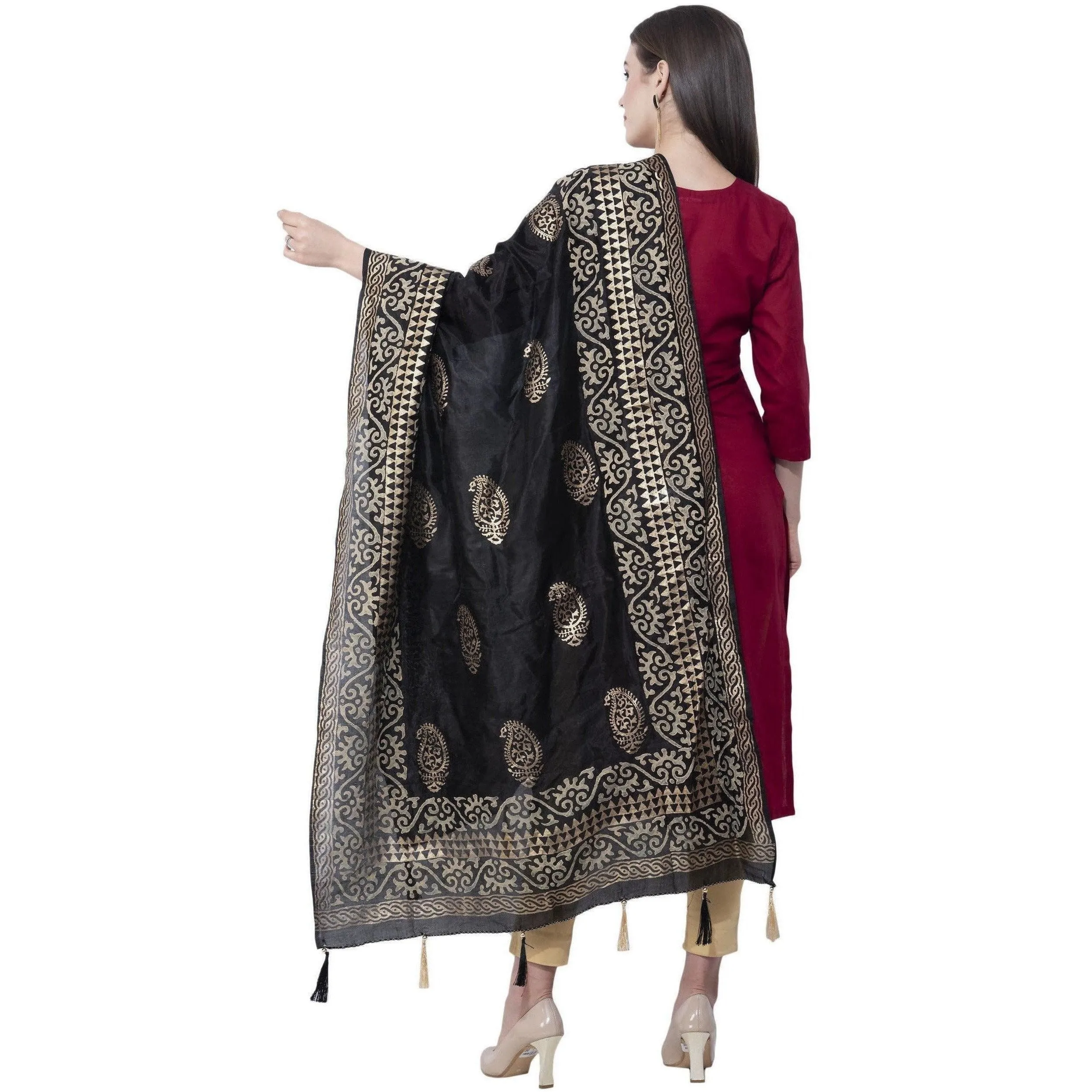 A R Silk Women's Gold Print Silk Black Dupattas and Chunnis