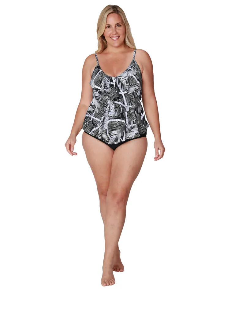 A tiered front tankini with a mid-rise bottom