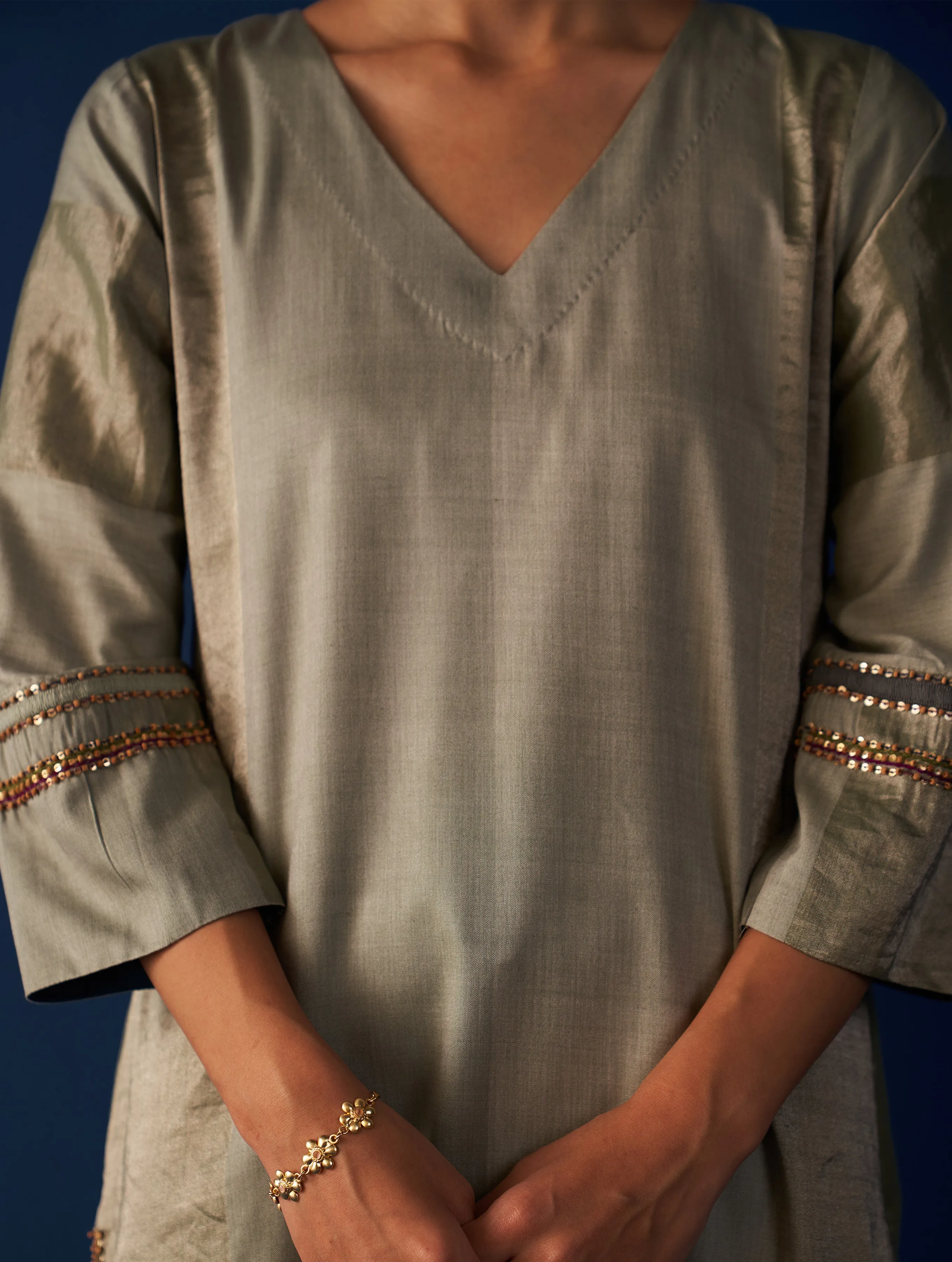 Abroo Stripe Silk Kurta - Sage Grey