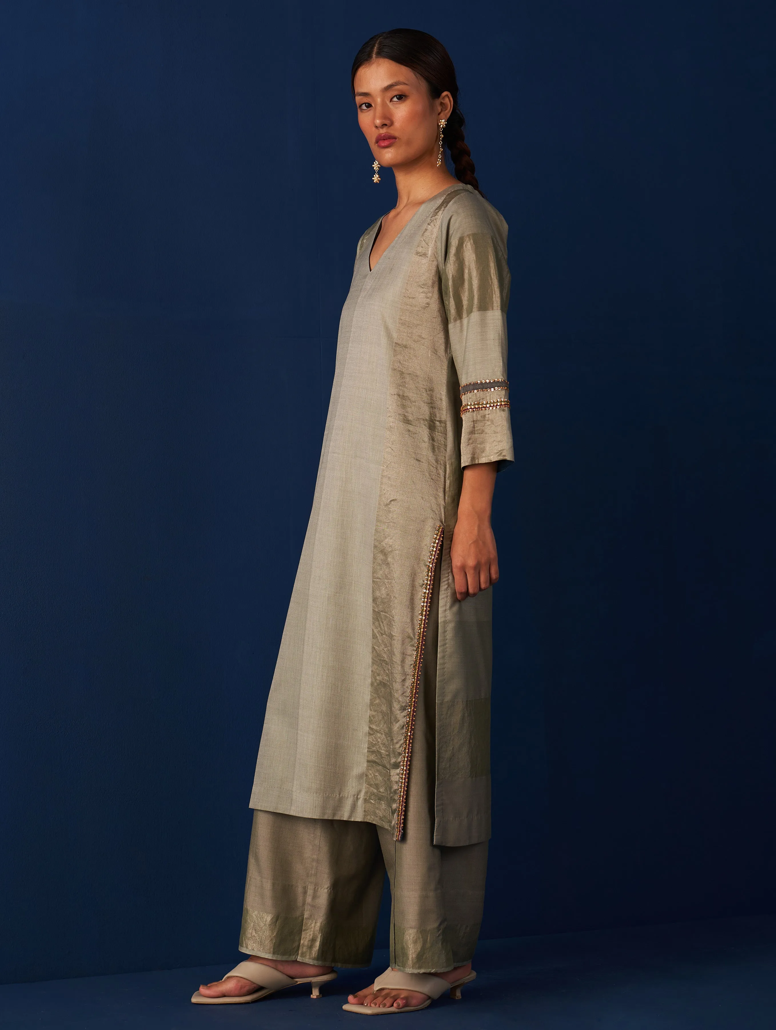 Abroo Stripe Silk Kurta - Sage Grey