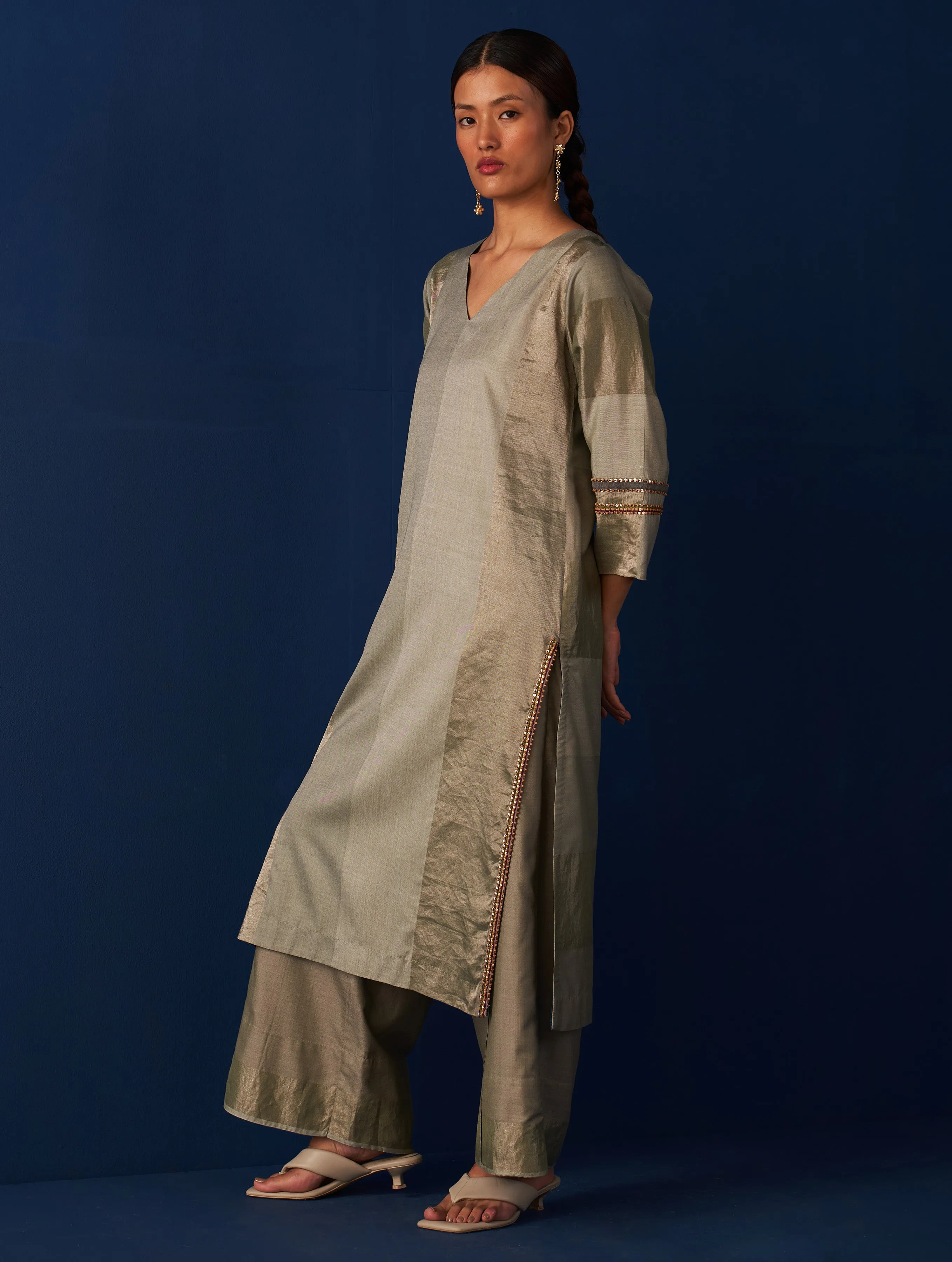 Abroo Stripe Silk Kurta - Sage Grey