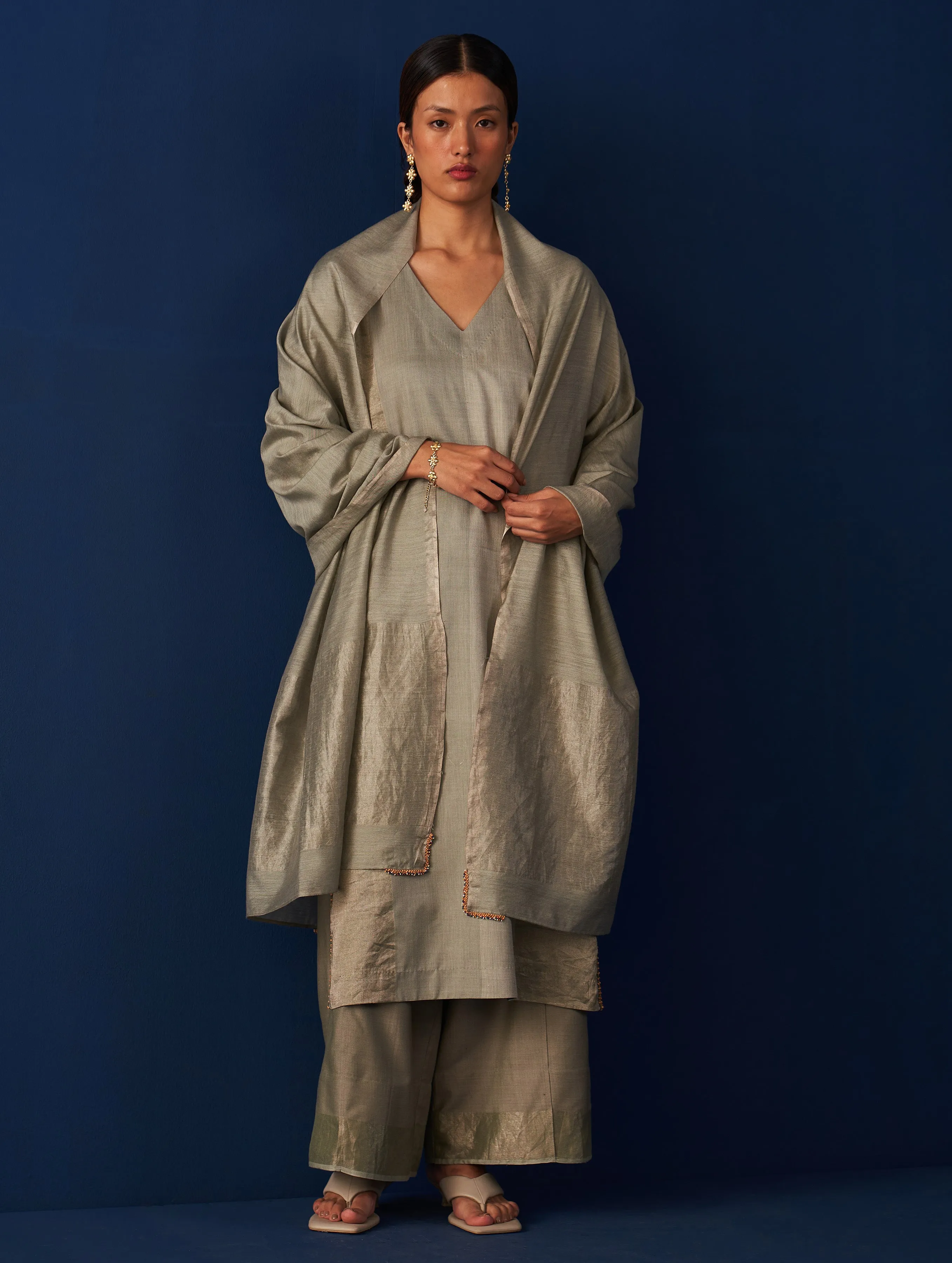 Abroo Stripe Silk Kurta - Sage Grey