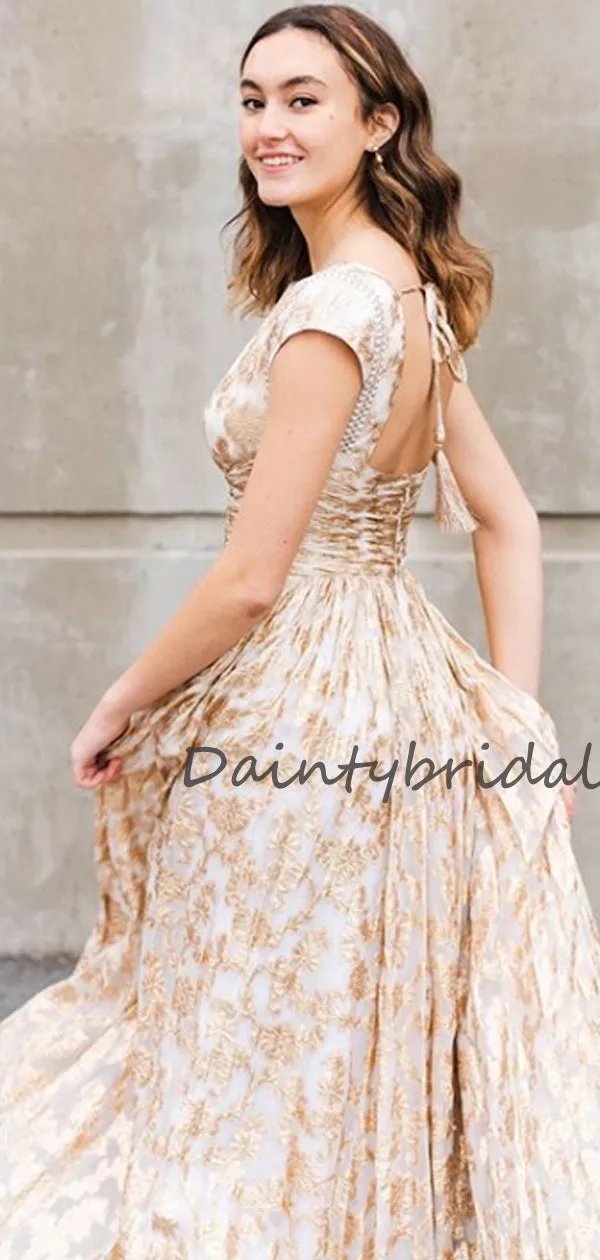 Affordable Bateau Cap Sleeve Tulle Lace A-line Long Prom Dresses Evening Dresses.DB10675