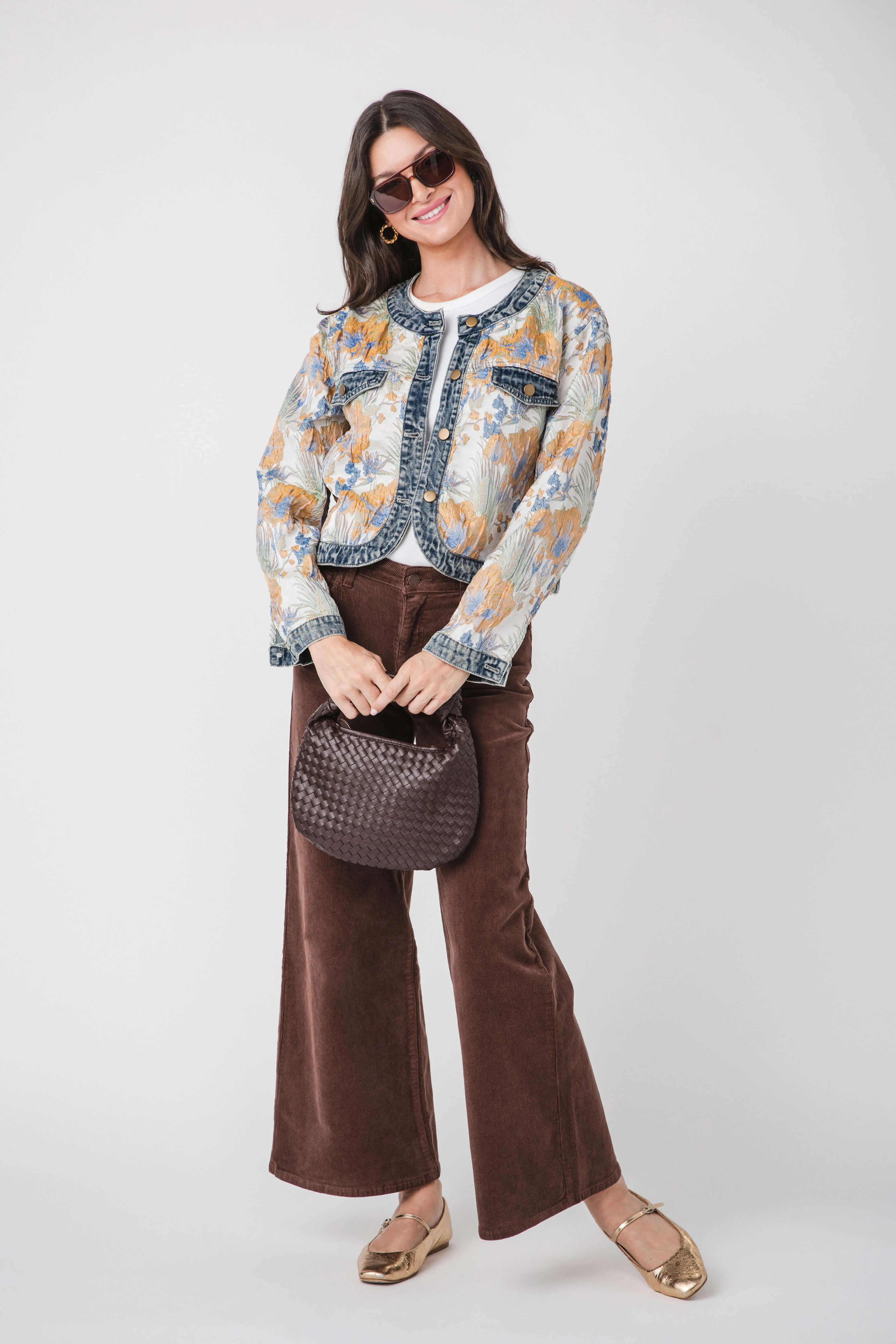 AnnieWear Floral Jacquard Denim Contrast Jacket