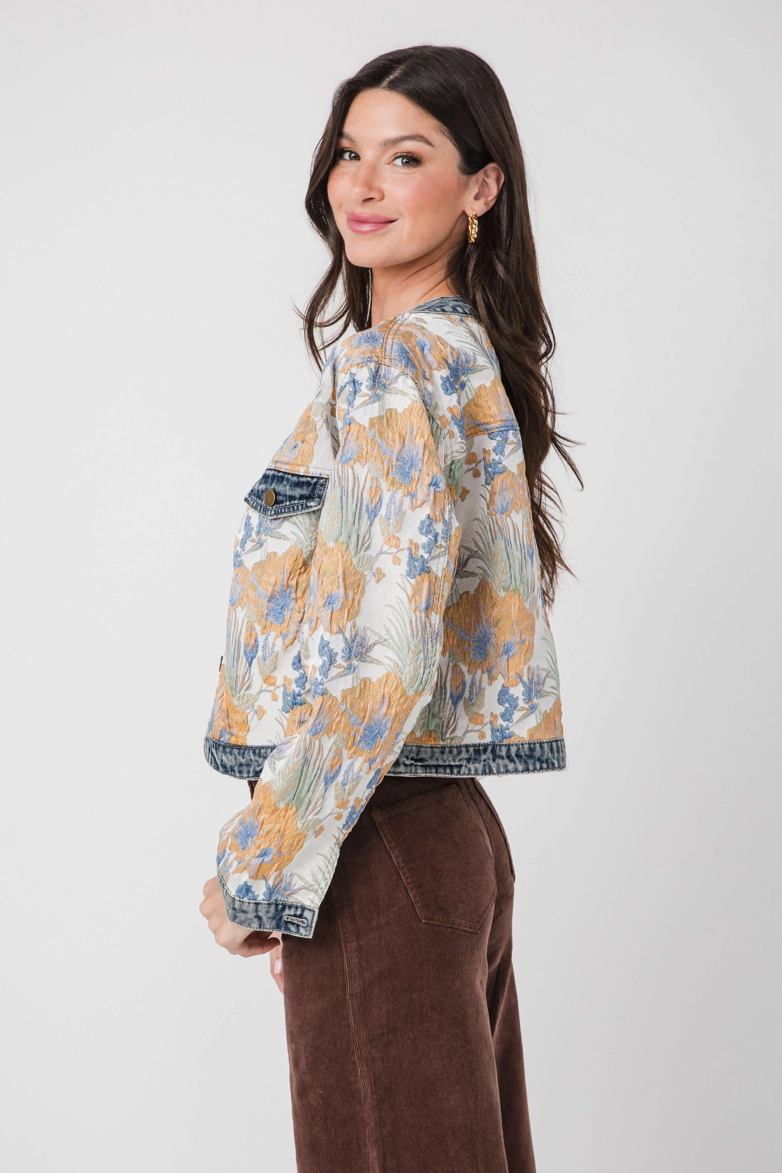 AnnieWear Floral Jacquard Denim Contrast Jacket