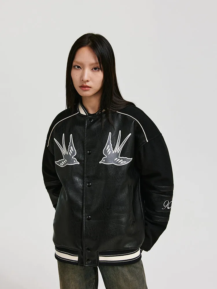 ANTIDOTE Swallow Print Leather & Wool Baseball Jacket