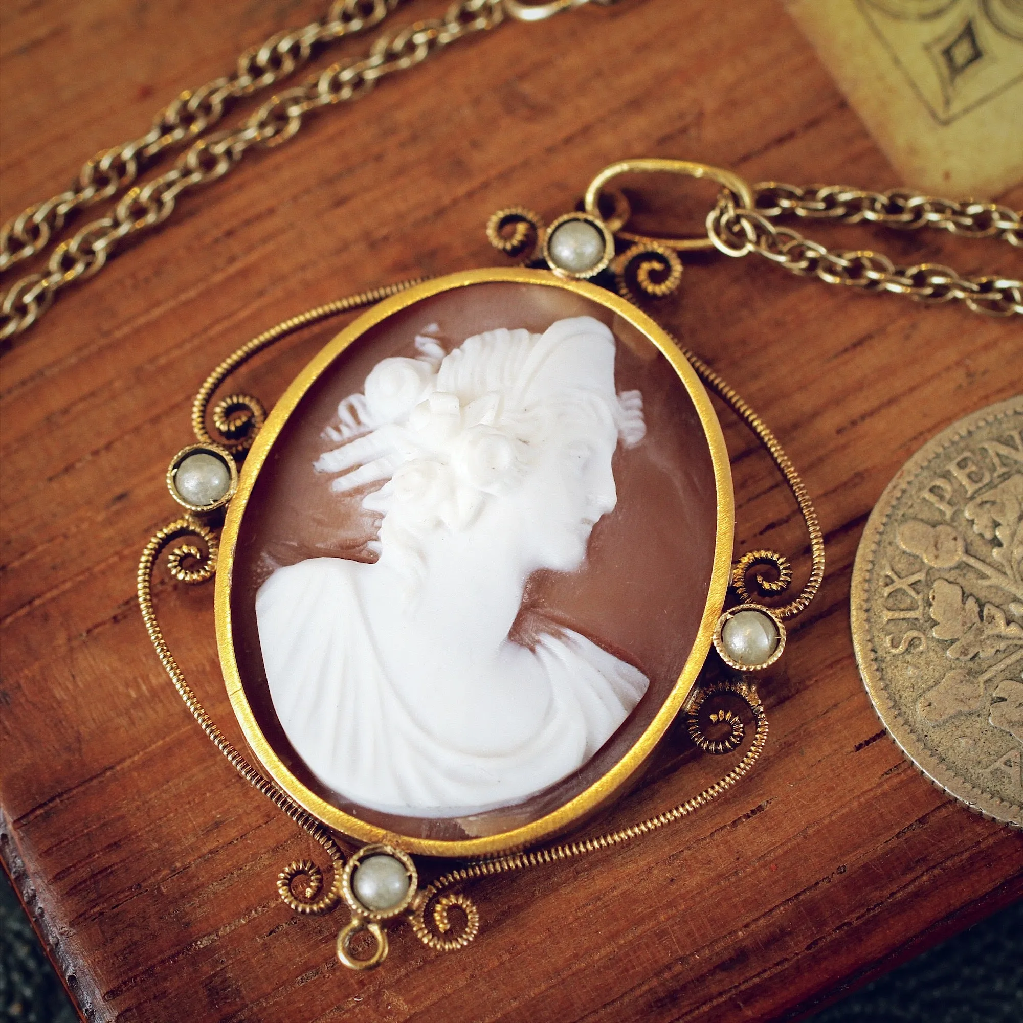 Antique Classical Portrait Shell Cameo Pendant