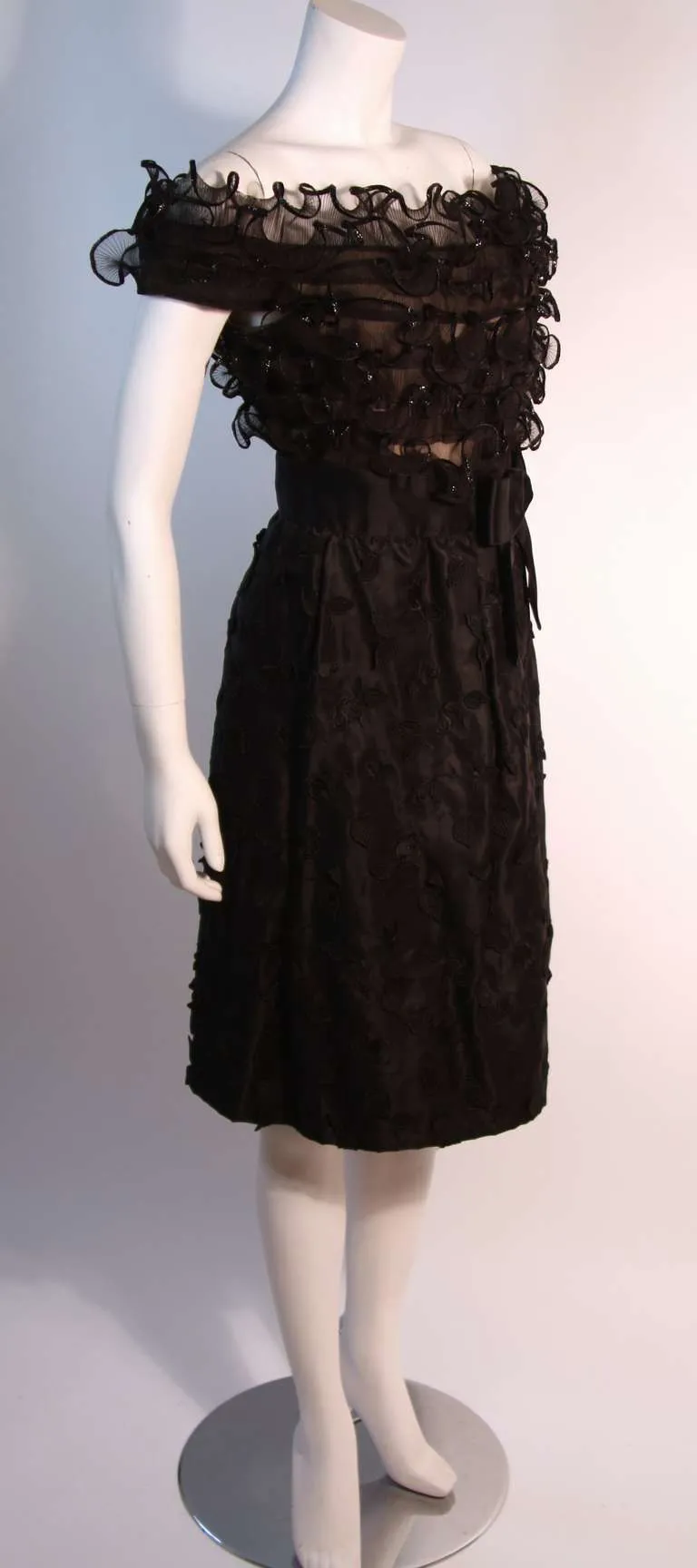 ARNOLD SCAASI Black Ruffled Silk Cocktail Dress with Bow Size 10