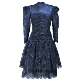 ARNOLD SCAASI Navy Metallic Lace Cocktail Dress Size 8-10