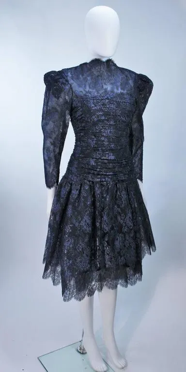 ARNOLD SCAASI Navy Metallic Lace Cocktail Dress Size 8-10