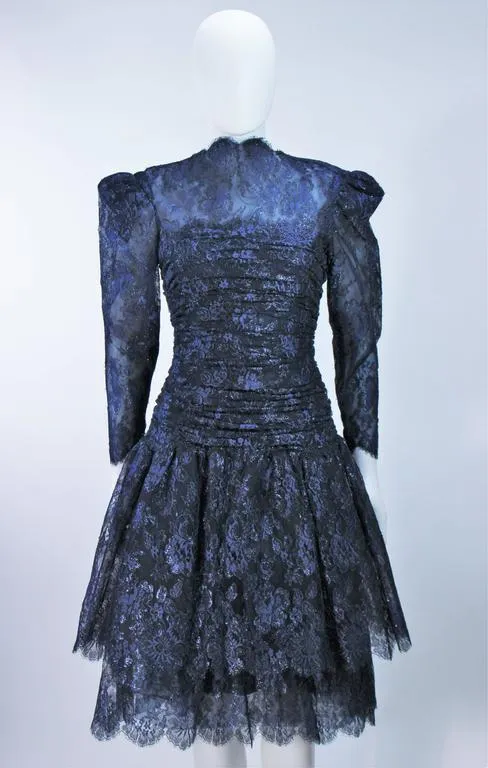 ARNOLD SCAASI Navy Metallic Lace Cocktail Dress Size 8-10