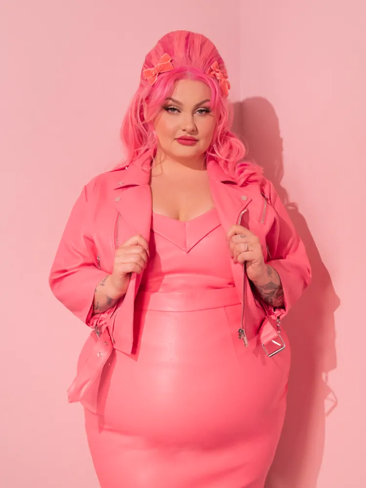 Bad Girl 3/4 Sleeve Cropped Motorcycle Jacket in Flamingo Pink Vegan Leather - Vixen by Micheline Pitt