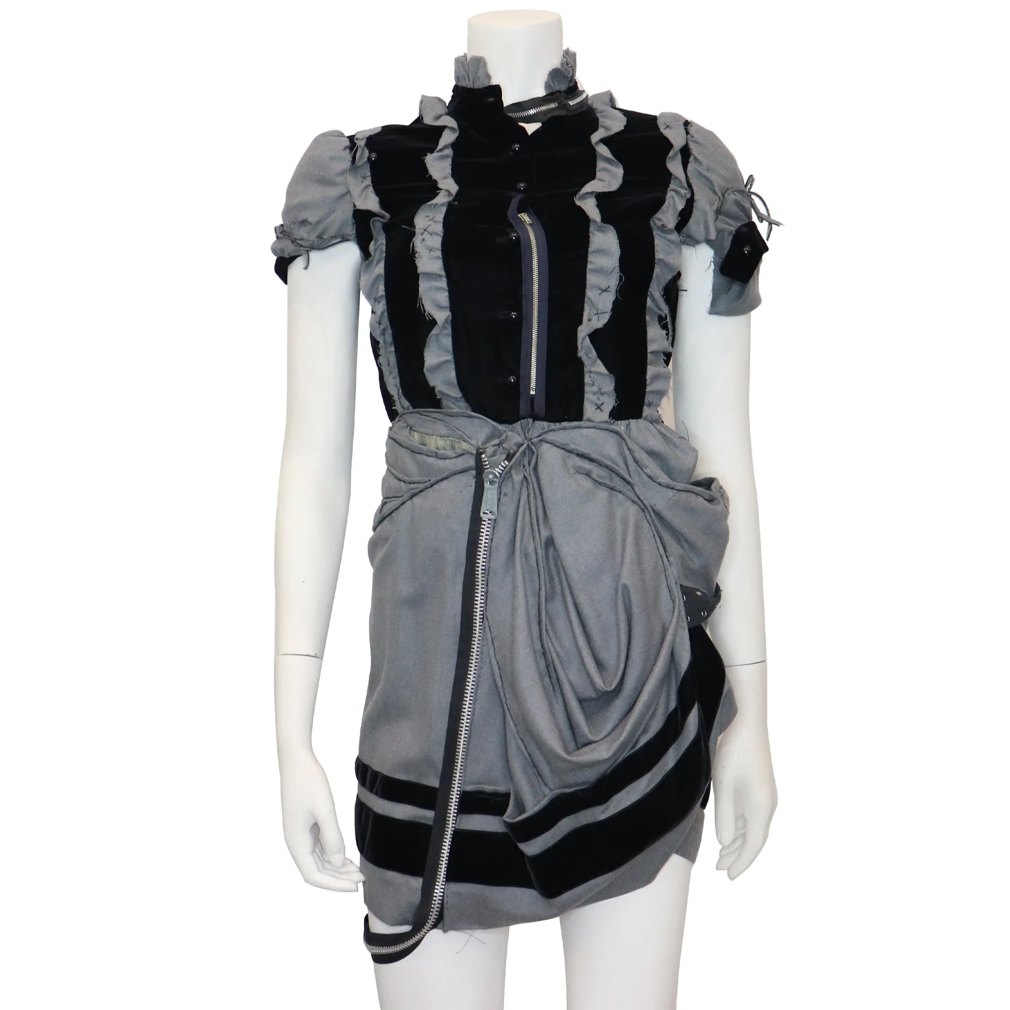 Balenciaga Grey Wool & Black Velvet Deconstructed Dress w/ Zippers Circa 1990s