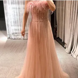 beaded pink prom dresses a line feather crystal elegant tulle luxury prom gown robes de cocktail