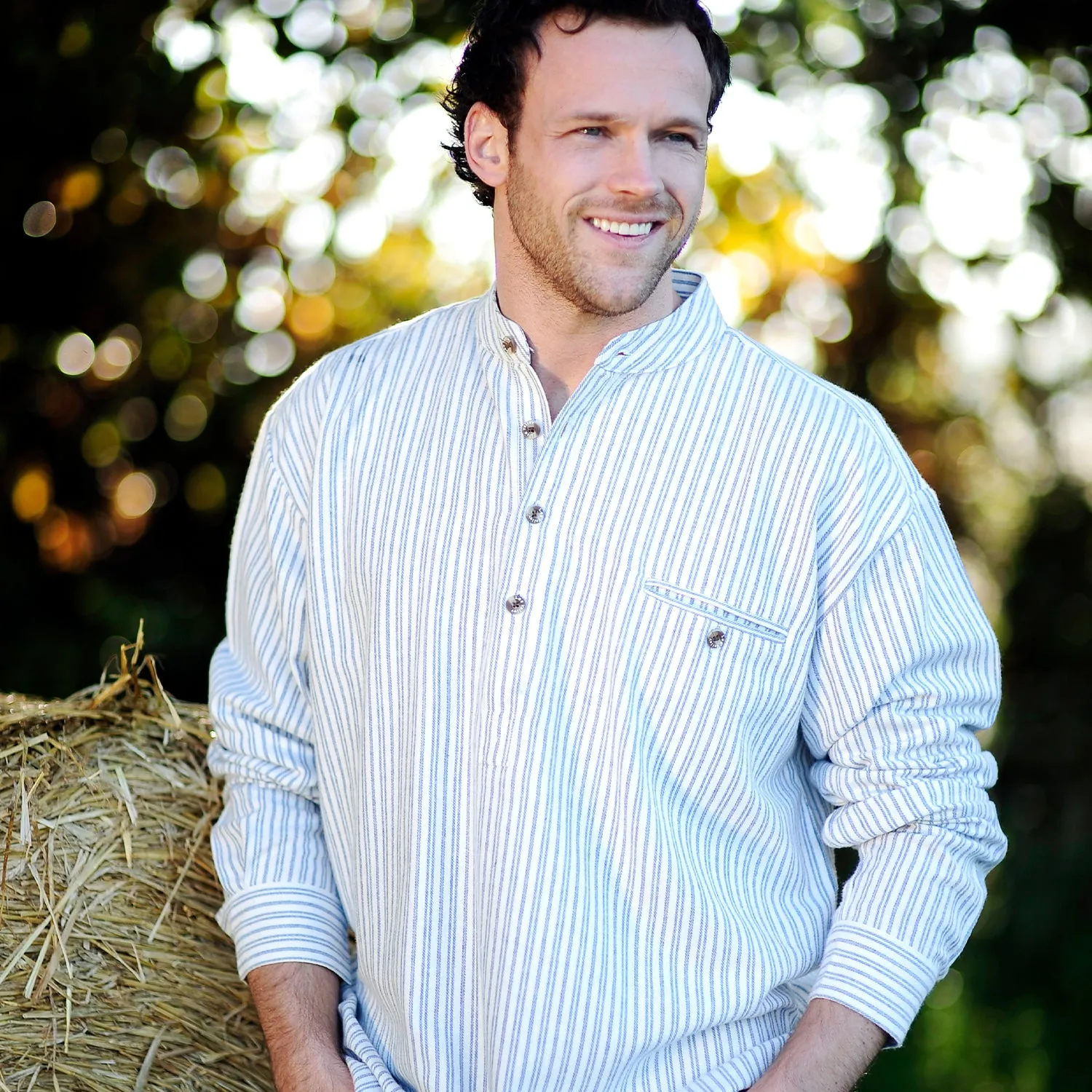 Blue & Ivory Stripe Cotton Grandfather Shirt