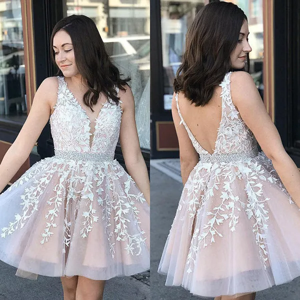 Blush Pink Lace A-line V-neck Homecoming Dresses, Prom Dresses Short, SH530