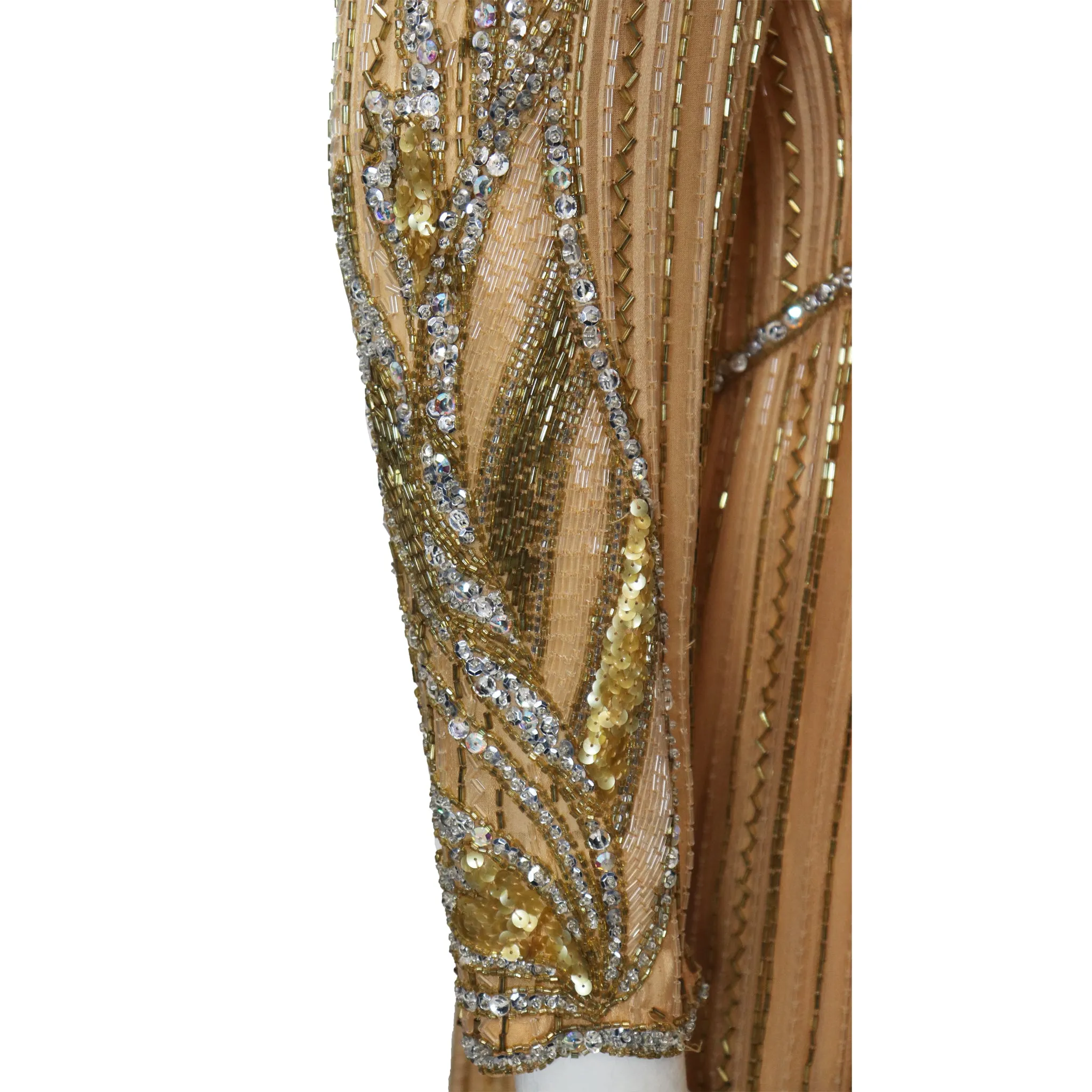 Bob Mackie High Collar Long Sleeve Gold Beaded Gown Circa 1990s