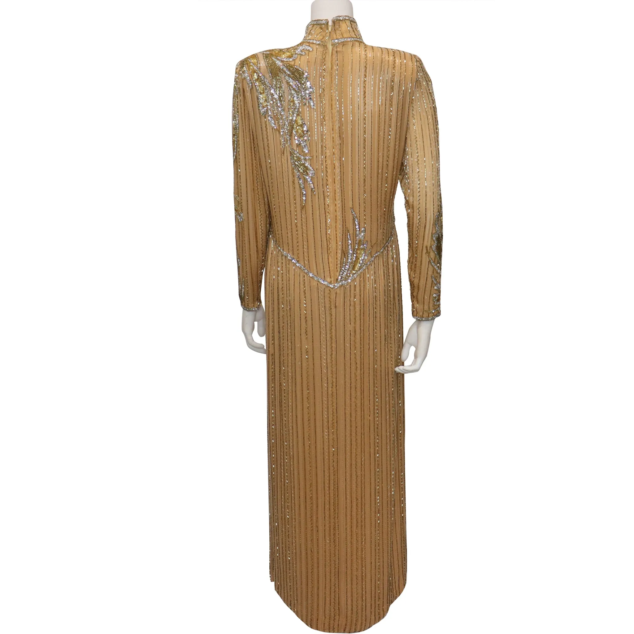 Bob Mackie High Collar Long Sleeve Gold Beaded Gown Circa 1990s