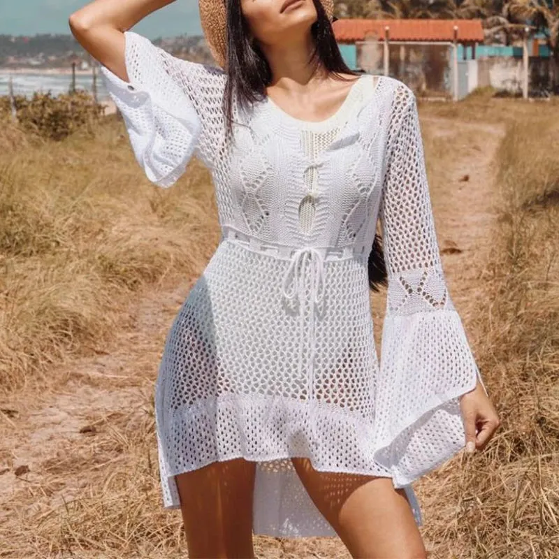 Boho Bell Sleeve Pointelle Crochet Open Knit White Cover Up Tunic