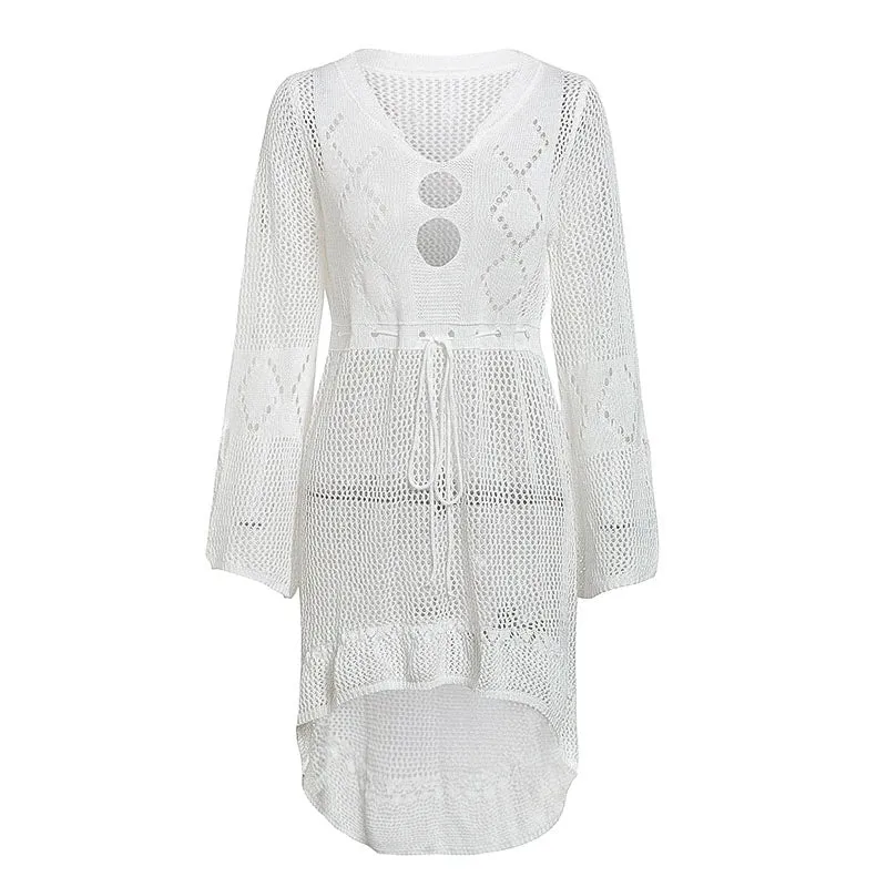 Boho Bell Sleeve Pointelle Crochet Open Knit White Cover Up Tunic