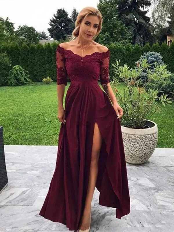 Burgundy Chiffon Prom Dress Long Sleeve Cheap Evenng Dress ER2032