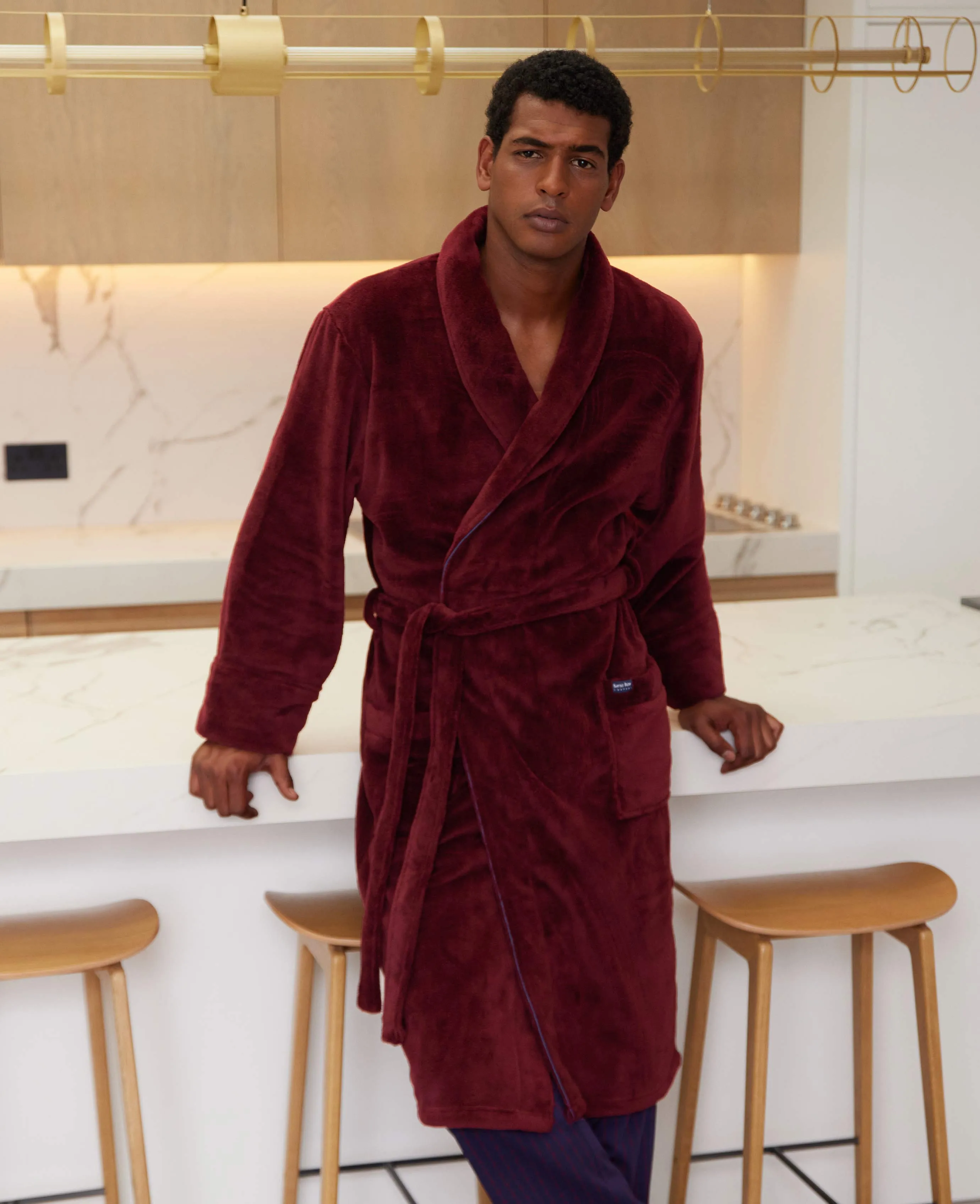 Burgundy Piped Fleece Dressing Gown