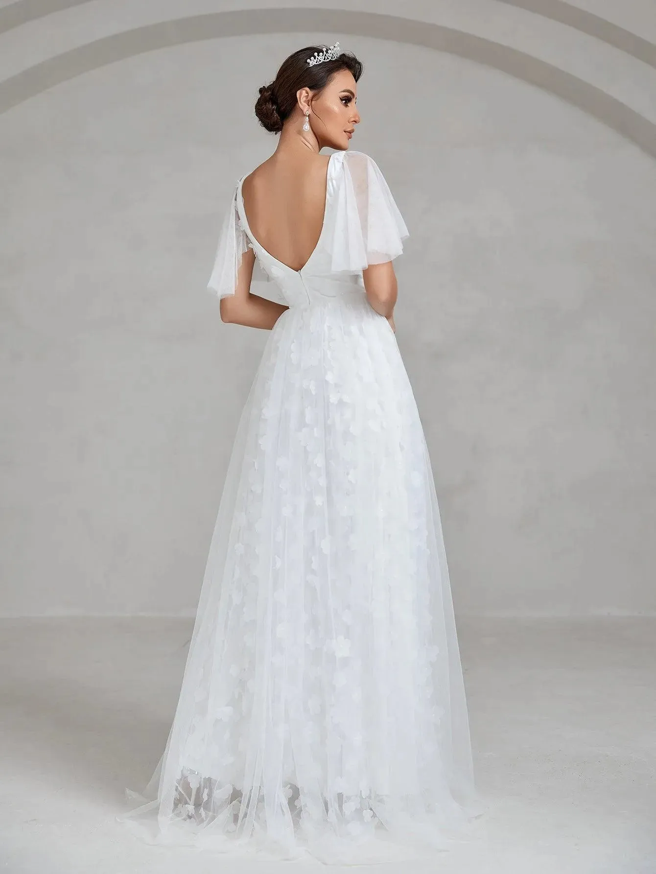 Butterfly Sleeve Floral Applique Mesh Wedding Dress