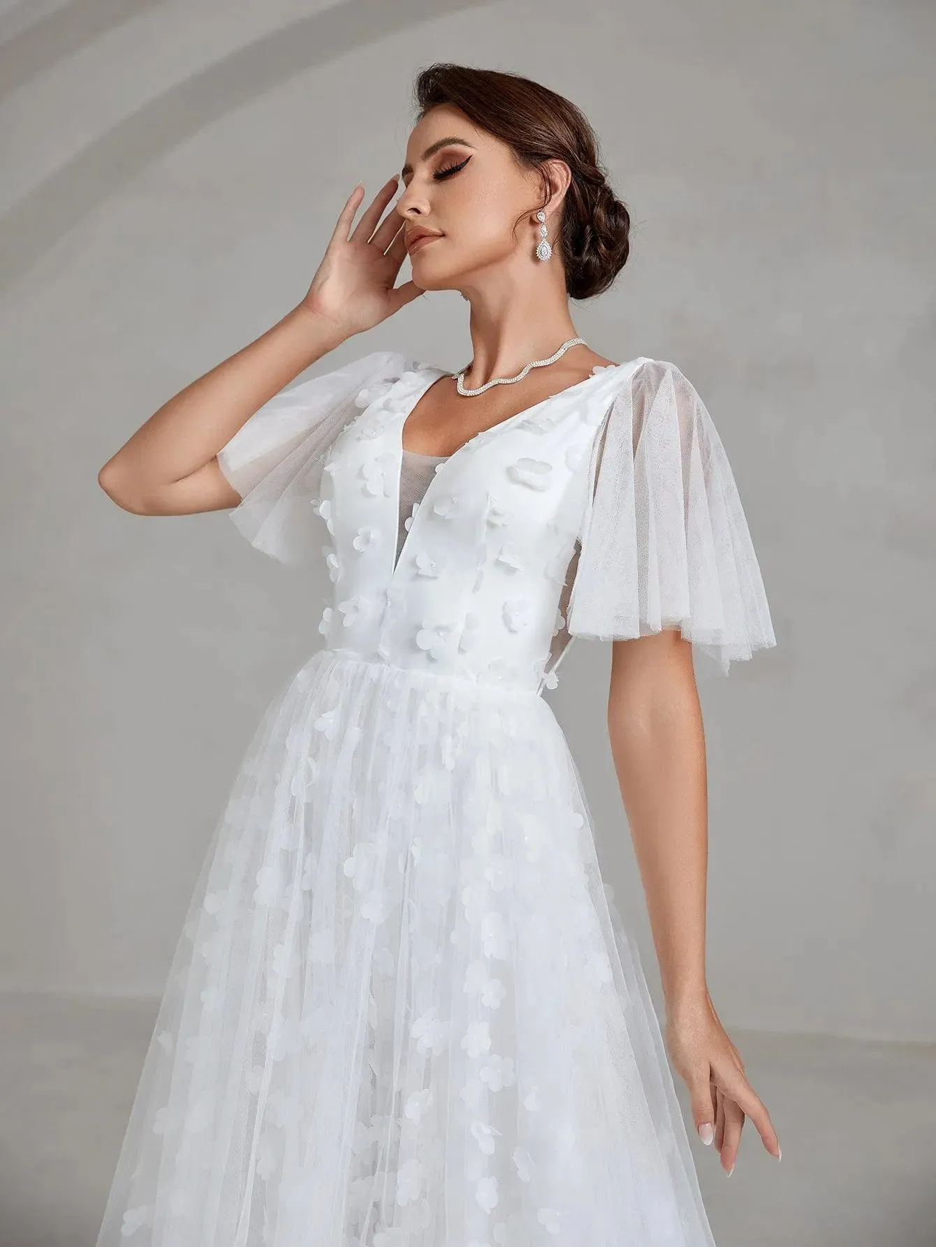 Butterfly Sleeve Floral Applique Mesh Wedding Dress