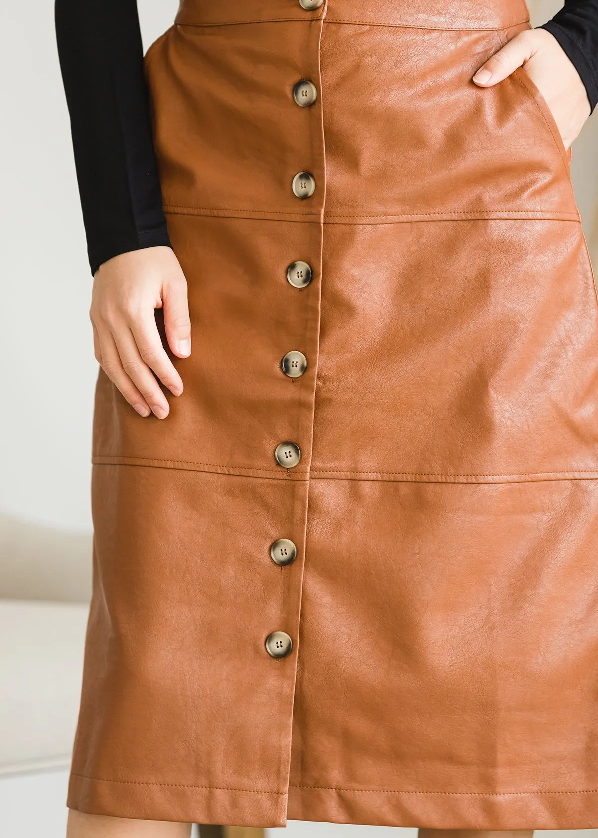 Button Front Faux Leather Midi Skirt - FINAL SALE