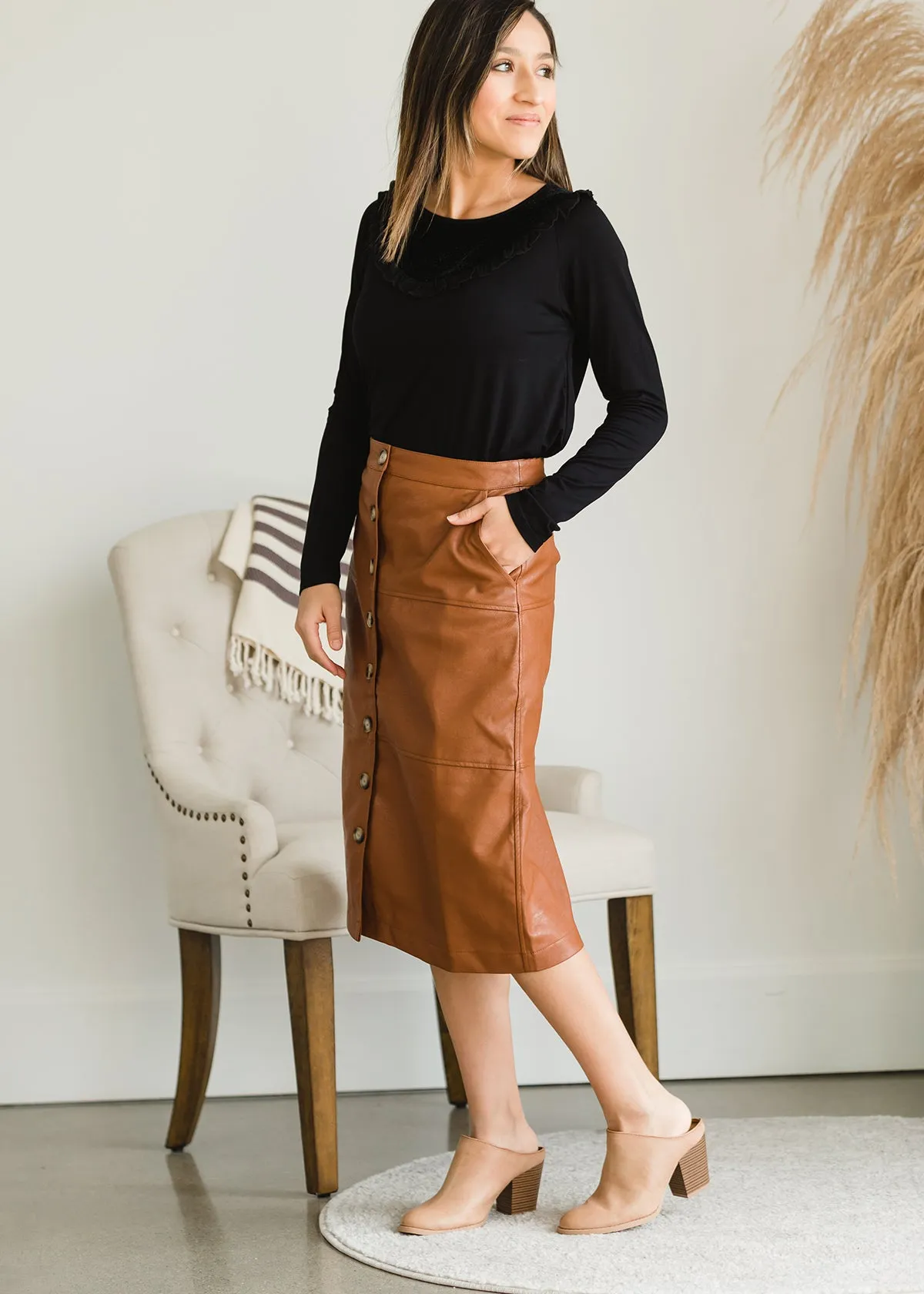 Button Front Faux Leather Midi Skirt - FINAL SALE