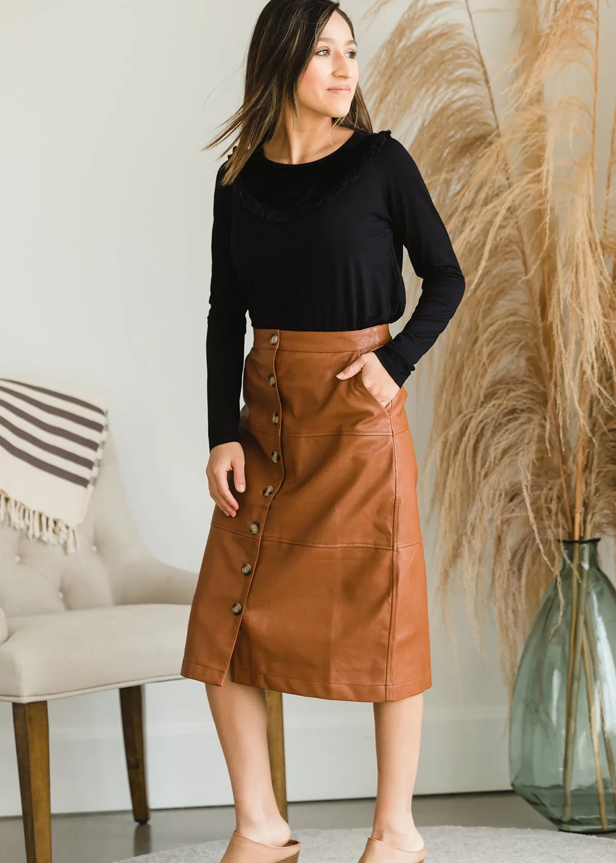 Button Front Faux Leather Midi Skirt - FINAL SALE