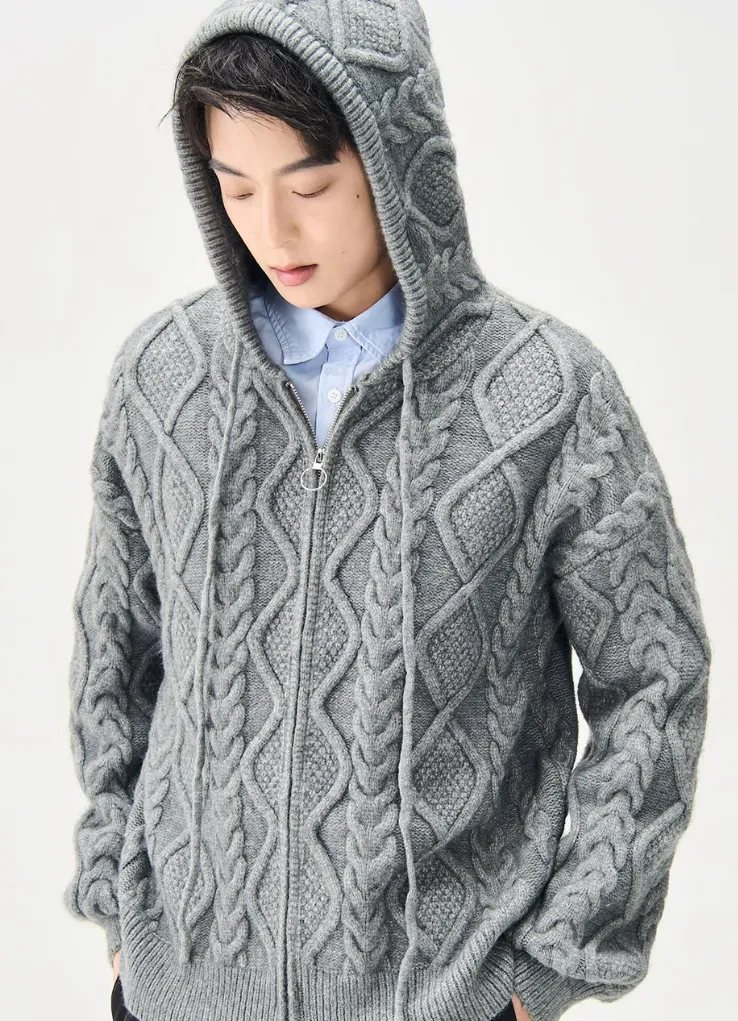 Cable Knit Hooded Zip Jacket with Pockets