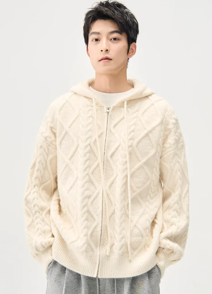 Cable Knit Hooded Zip Jacket with Pockets