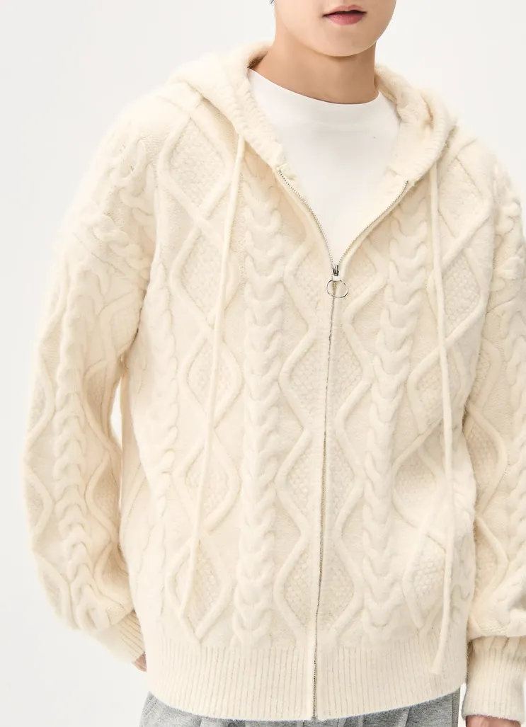 Cable Knit Hooded Zip Jacket with Pockets