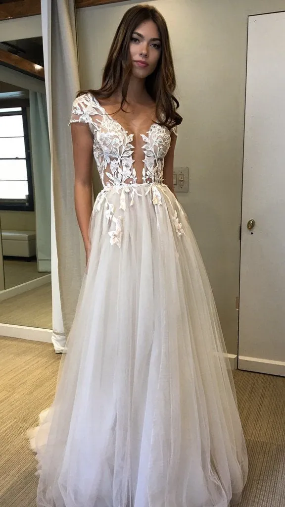 Cap Sleeve Tulle Prom Dress Appliqued Backless Wedding Dresses with Split  ER2112