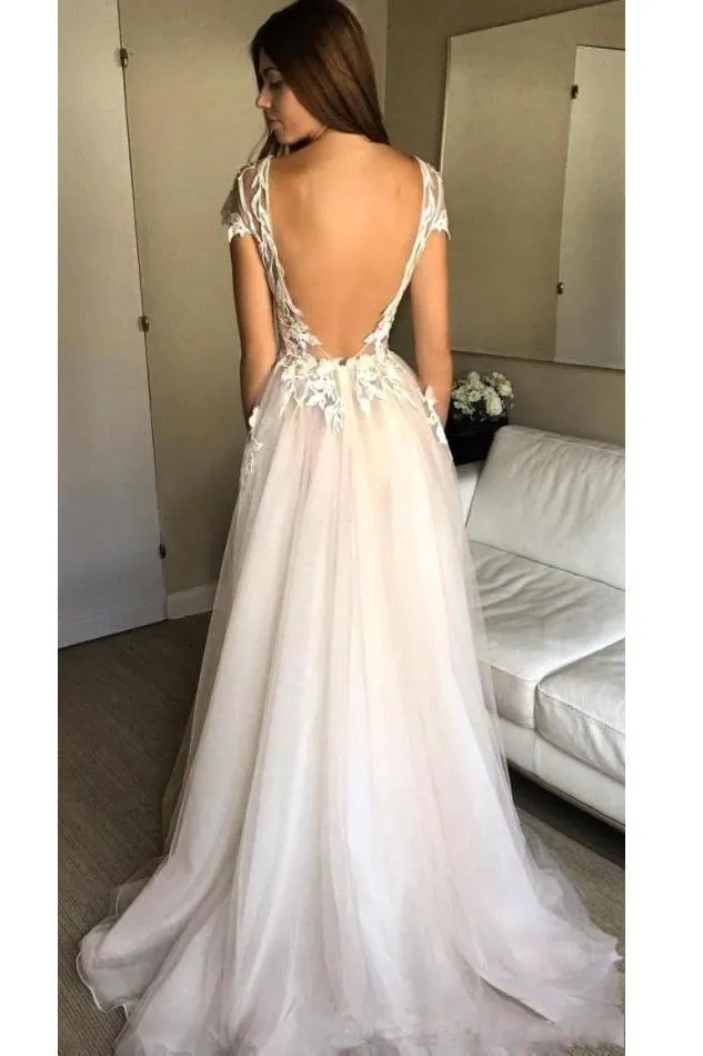 Cap Sleeve Tulle Prom Dress Appliqued Backless Wedding Dresses with Split  ER2112