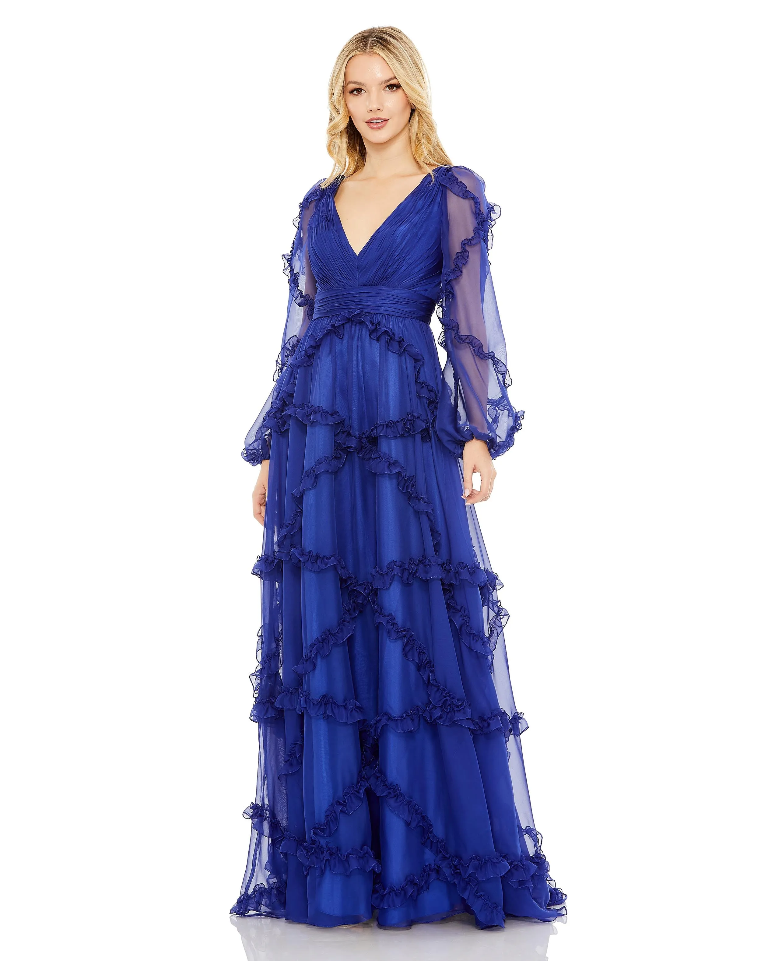 Cascade Ruffle Puff Sleeve A Line Gown