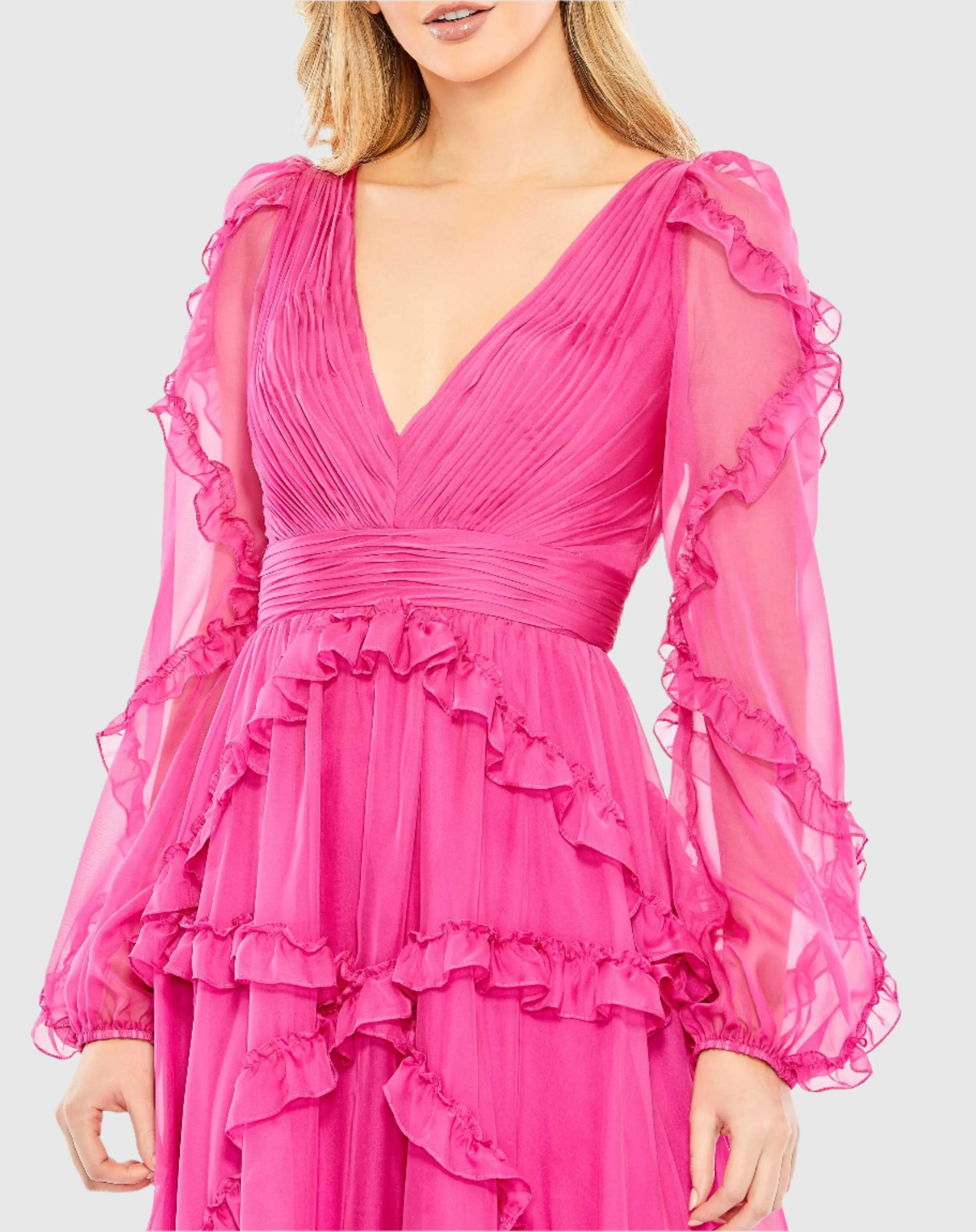 Cascade Ruffle Puff Sleeve A Line Gown